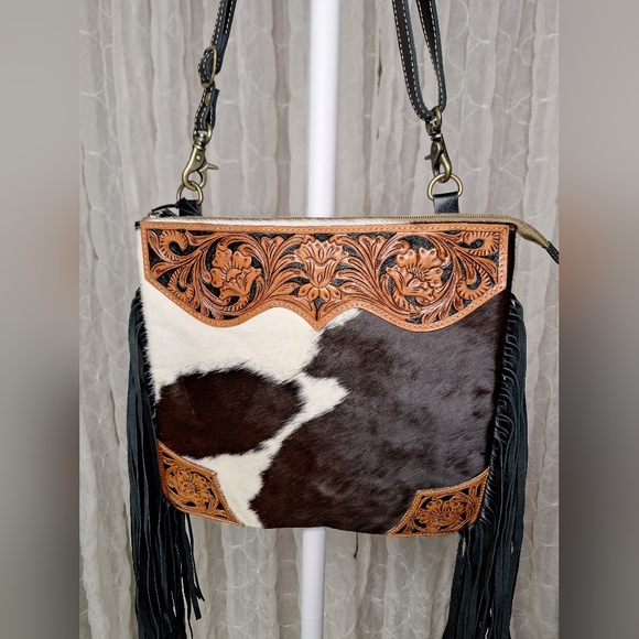 Myra Bag Black & Brown Cowhide Tooled Leather & Fringe Sholder Or Crossbody Bag - Picture 2 of 10